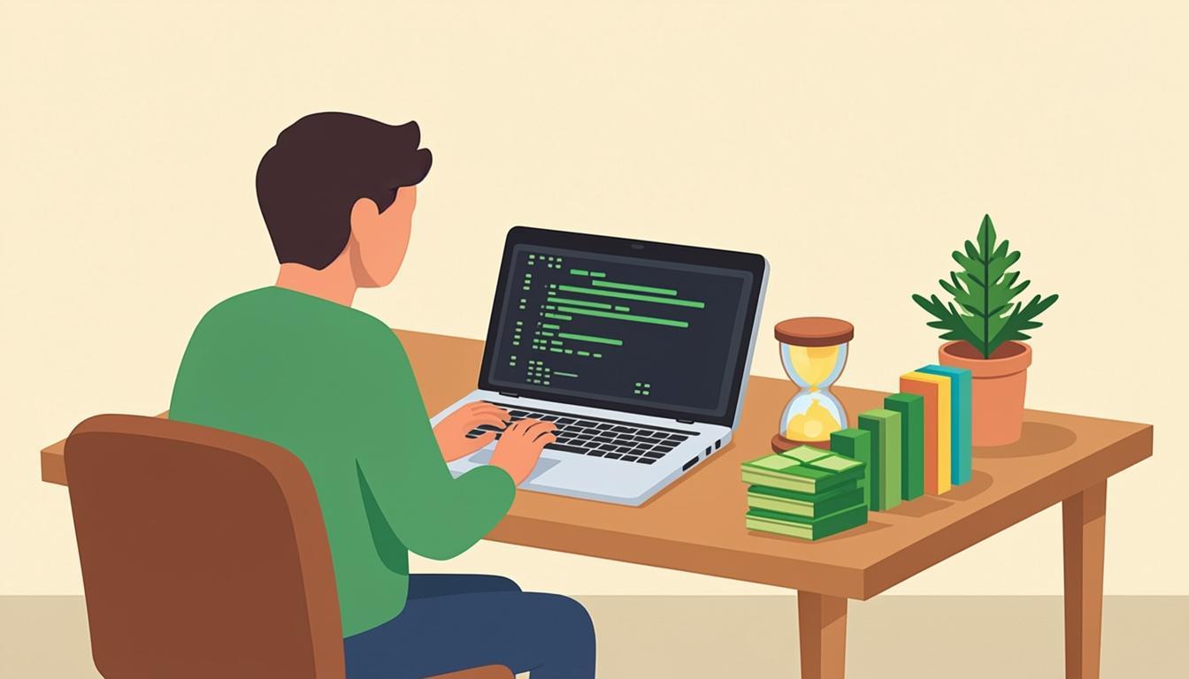 Illustrasjon: en person skriver kode på en laptop ved et ryddig skrivebord, med et timeglass og en voksende bunke kort ved siden av