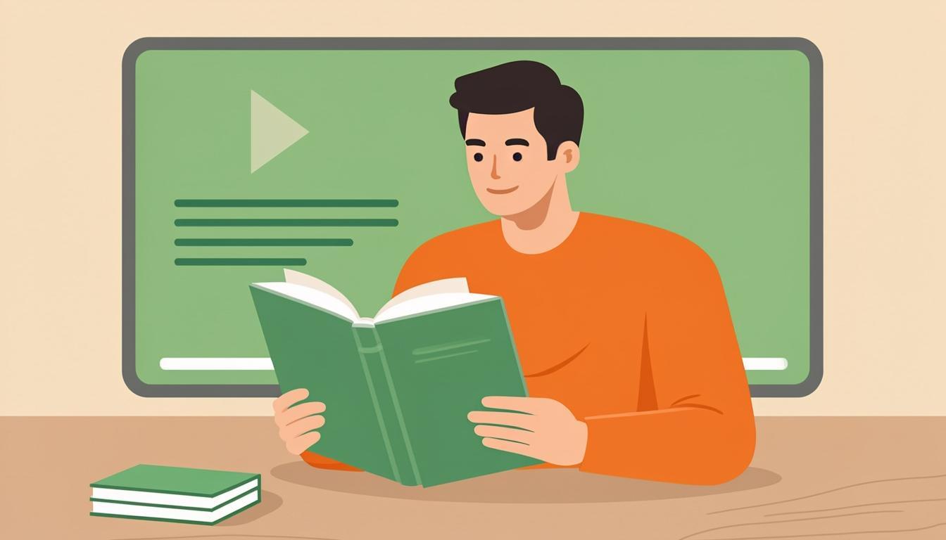 Illustrasjon: en person leser i en grønn bok, mens en avskjermet videoskjerm med avspillingsknapp står dempet i bakgrunnen